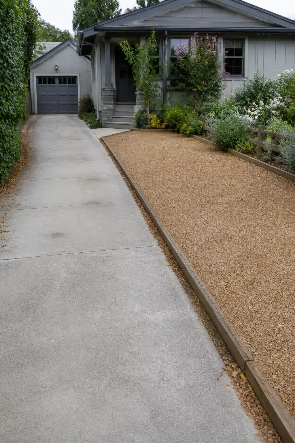 Widen driveway ideas using decomposed granite side bay with wood edging alongside concrete, front yard curb appeal.