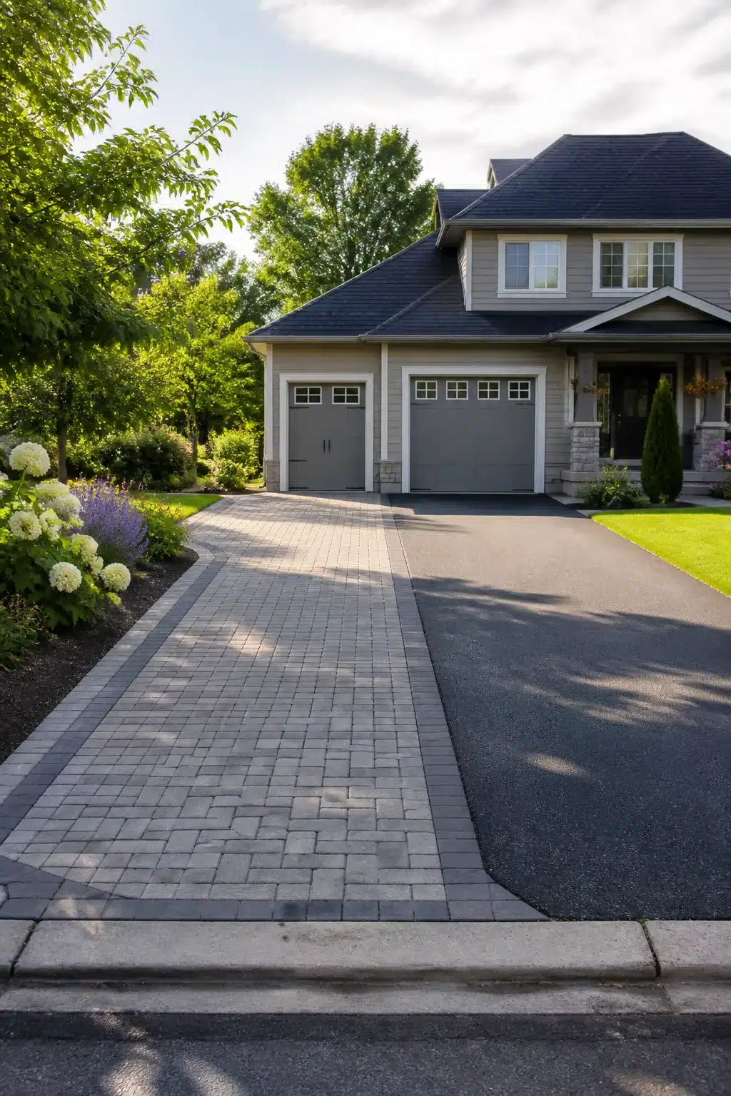 Gray interlocking concrete paver wing beside asphalt driveway — widen driveway ideas for curb appeal