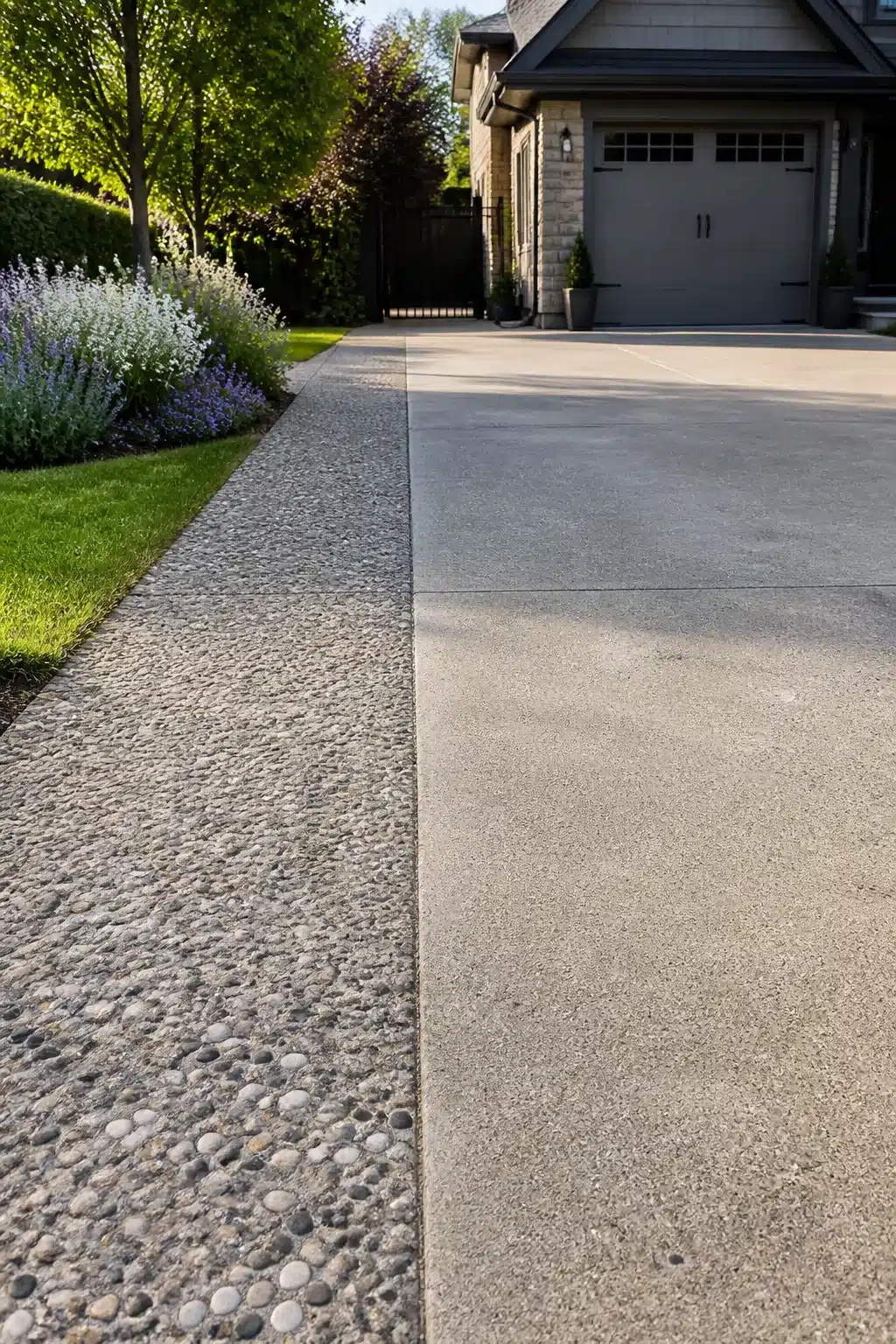 Widen driveway ideas using exposed aggregate concrete with a river stone side extension strip and lush border planting