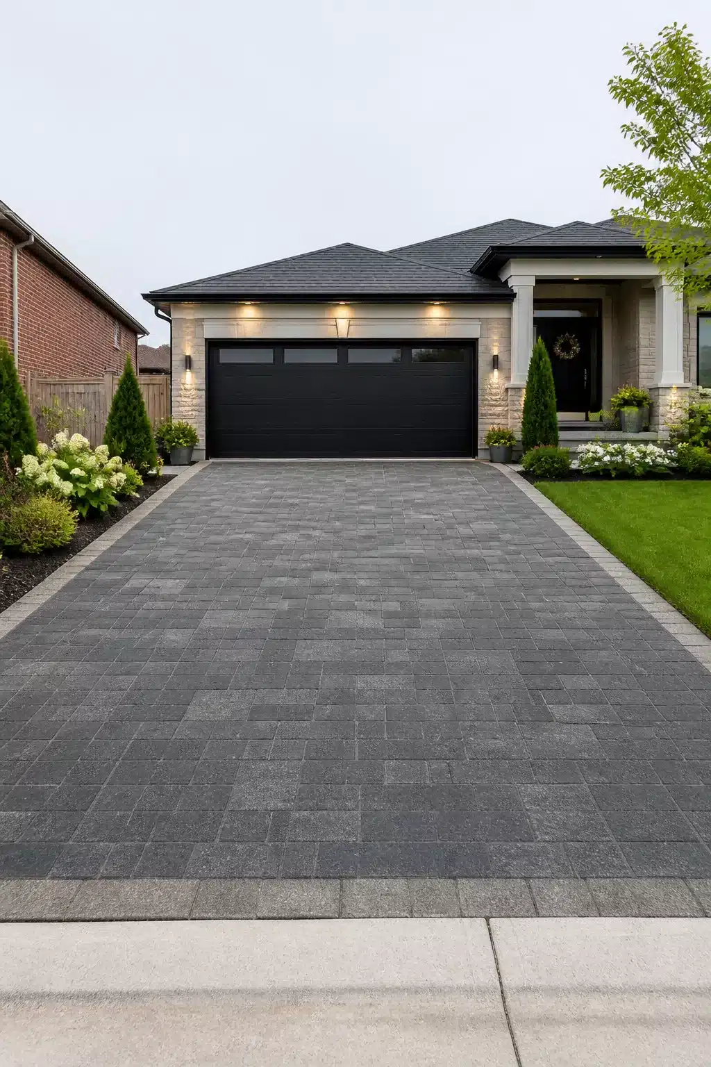 Charcoal block paver double-width driveway with gray border edging — Widen Driveway Ideas for curb appeal