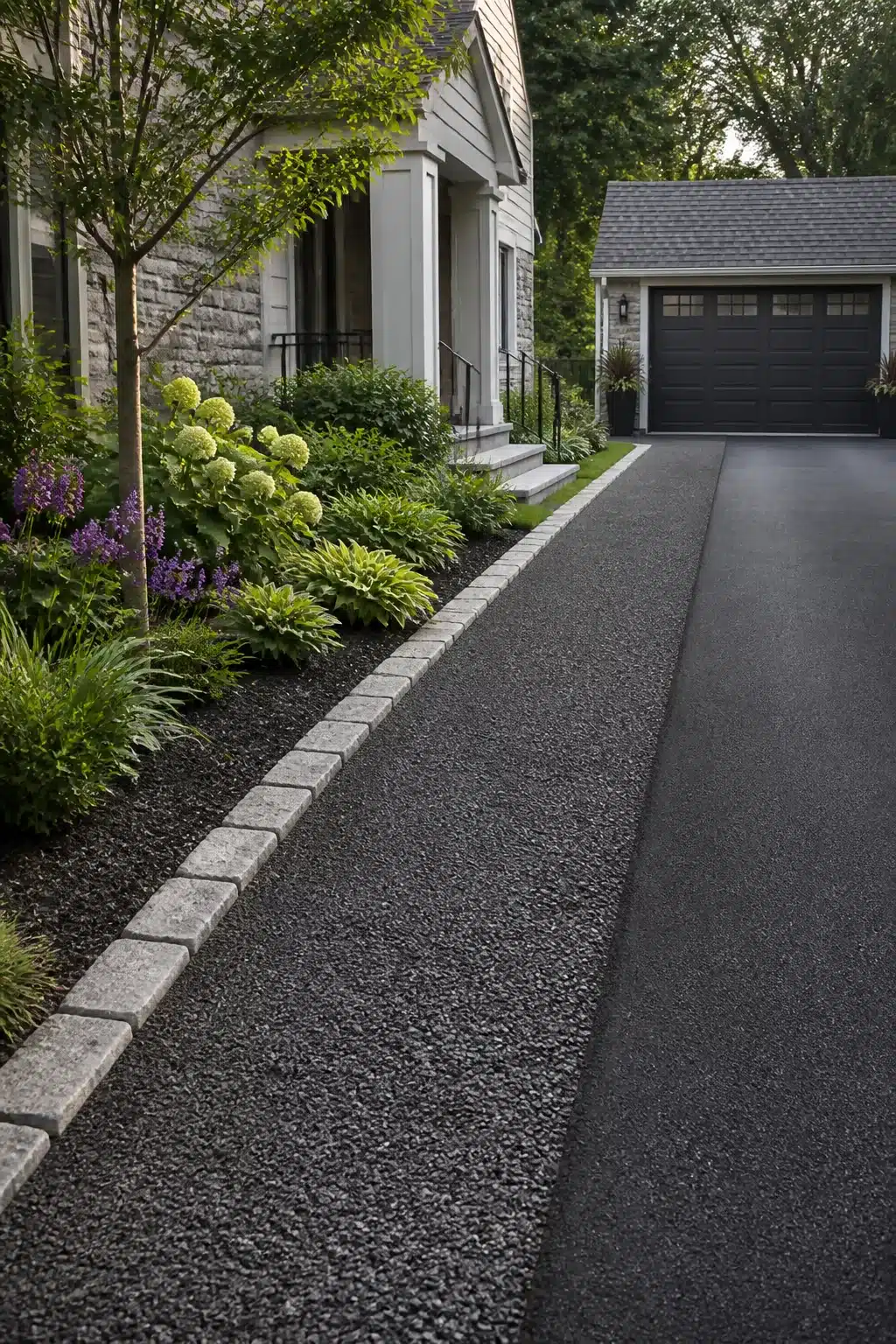 Widen driveway idea using dark gravel strip and granite cobble edging alongside black asphalt with lush garden border.