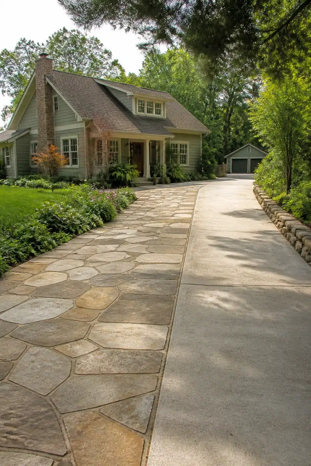 Widen driveway idea with flagstone accent wing alongside concrete lane — natural stone for added width and curb appeal.
