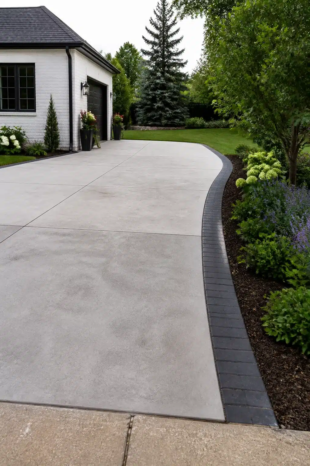 Wide concrete driveway with dark charcoal paver inlay border — widen driveway ideas with planted landscaping edge