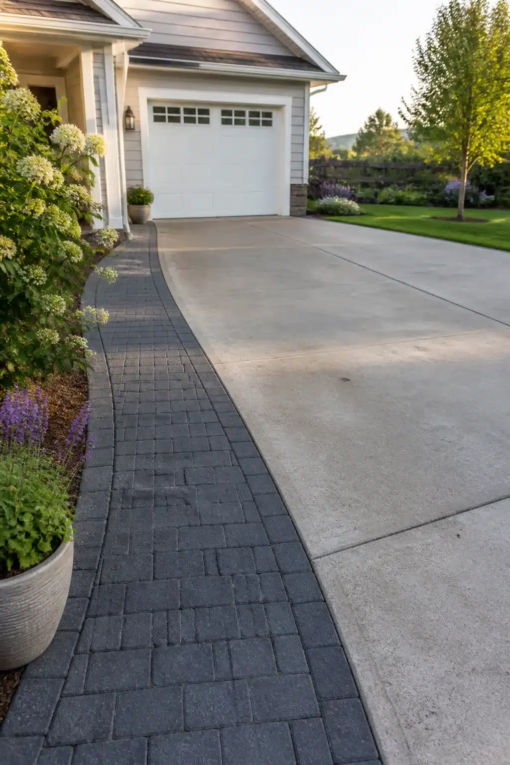 Widen driveway idea using dark charcoal brick pavers curved along a concrete driveway edge with planted border