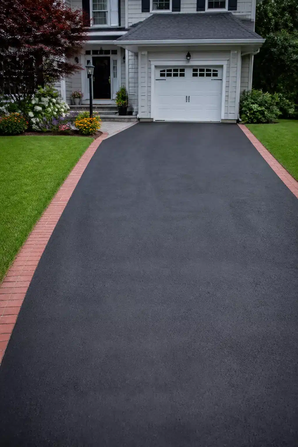 Widen driveway idea with black asphalt and red soldier brick edging on a suburban home's front drive