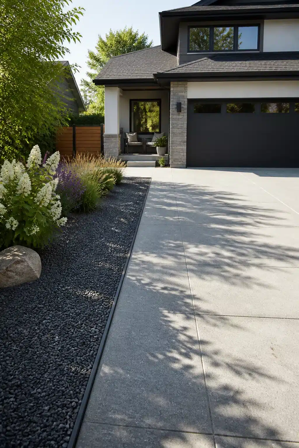 Widen driveway idea using black pea gravel extension with steel channel edging and ornamental border plantings