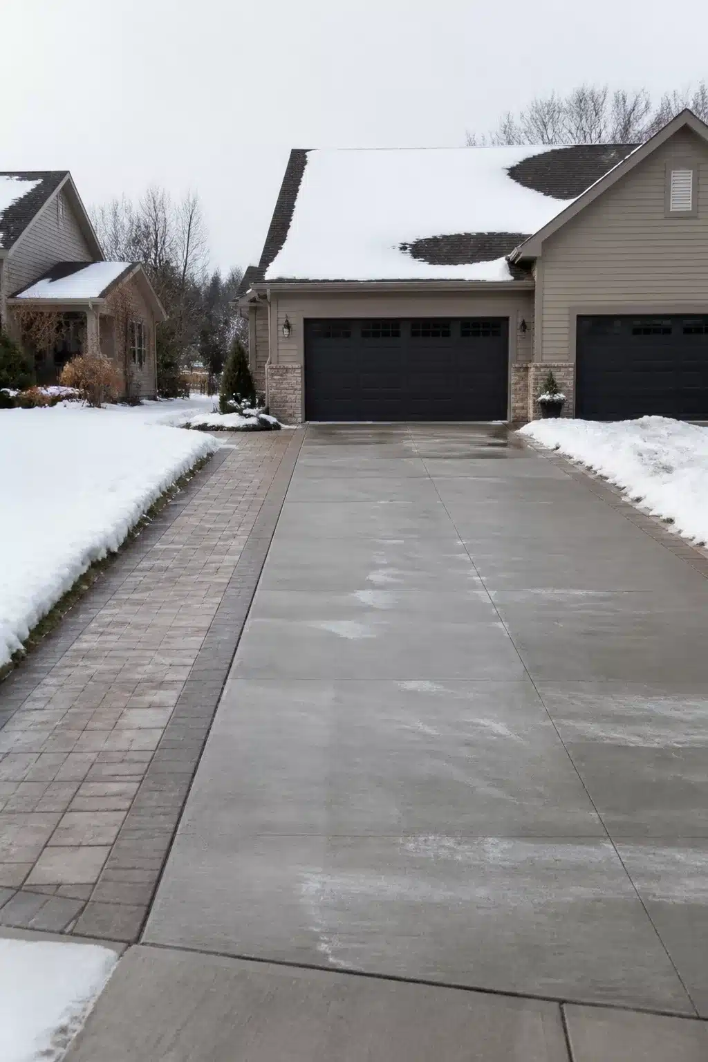 Widen driveway ideas: heated concrete with paver apron edge strip, snow-free surface in winter