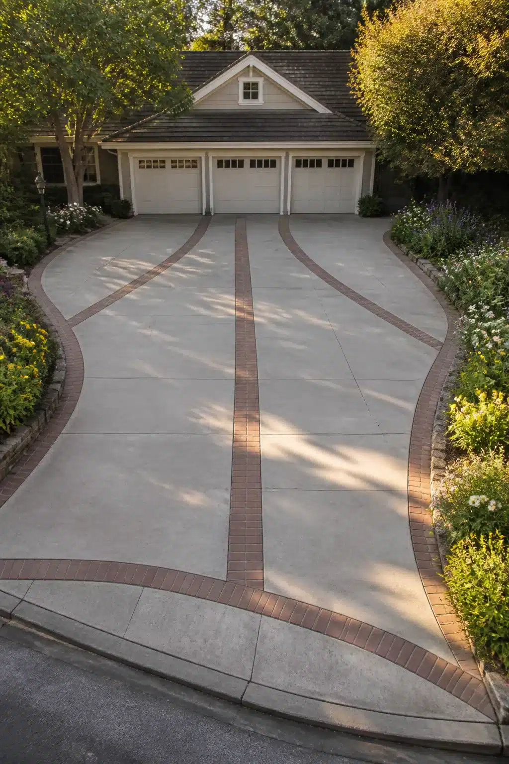 Wide concrete driveway with curved red brick inlay bands — widen driveway ideas with fan-shaped design