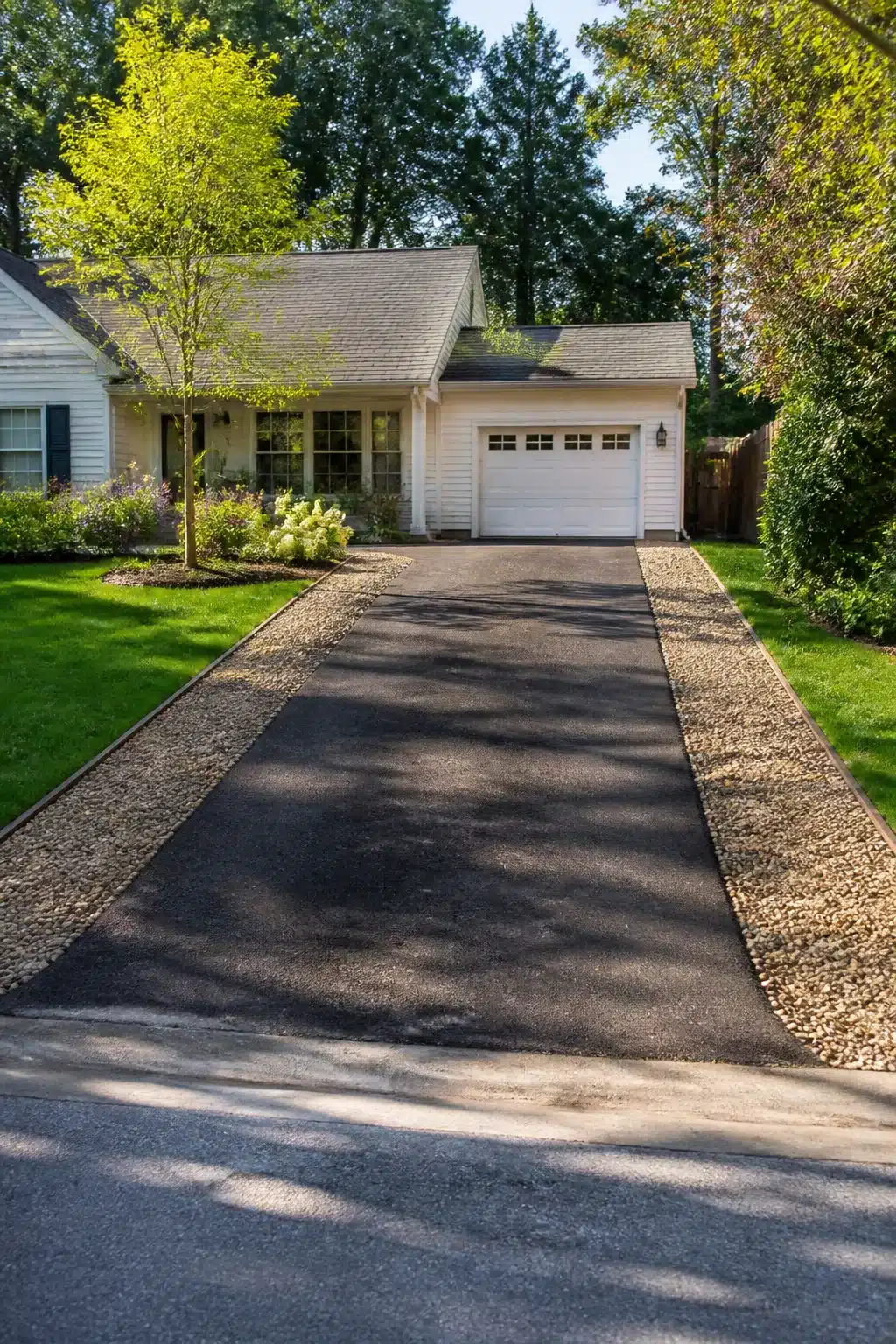Widen driveway idea using pea gravel side strips alongside a central asphalt lane for extra width and curb appeal.