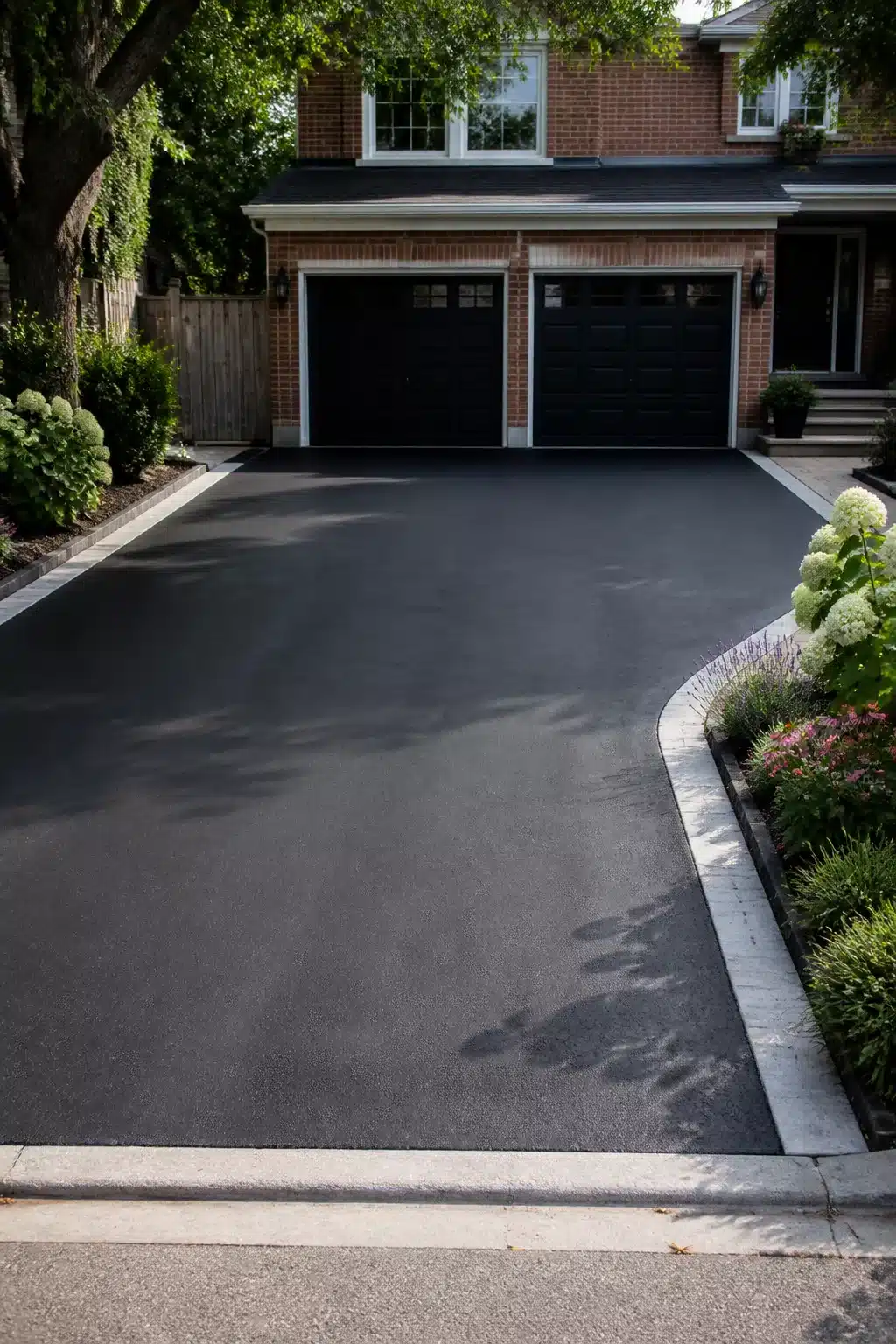 Widen driveway ideas — fresh full-width black asphalt reseal with concrete edging and hydrangea border