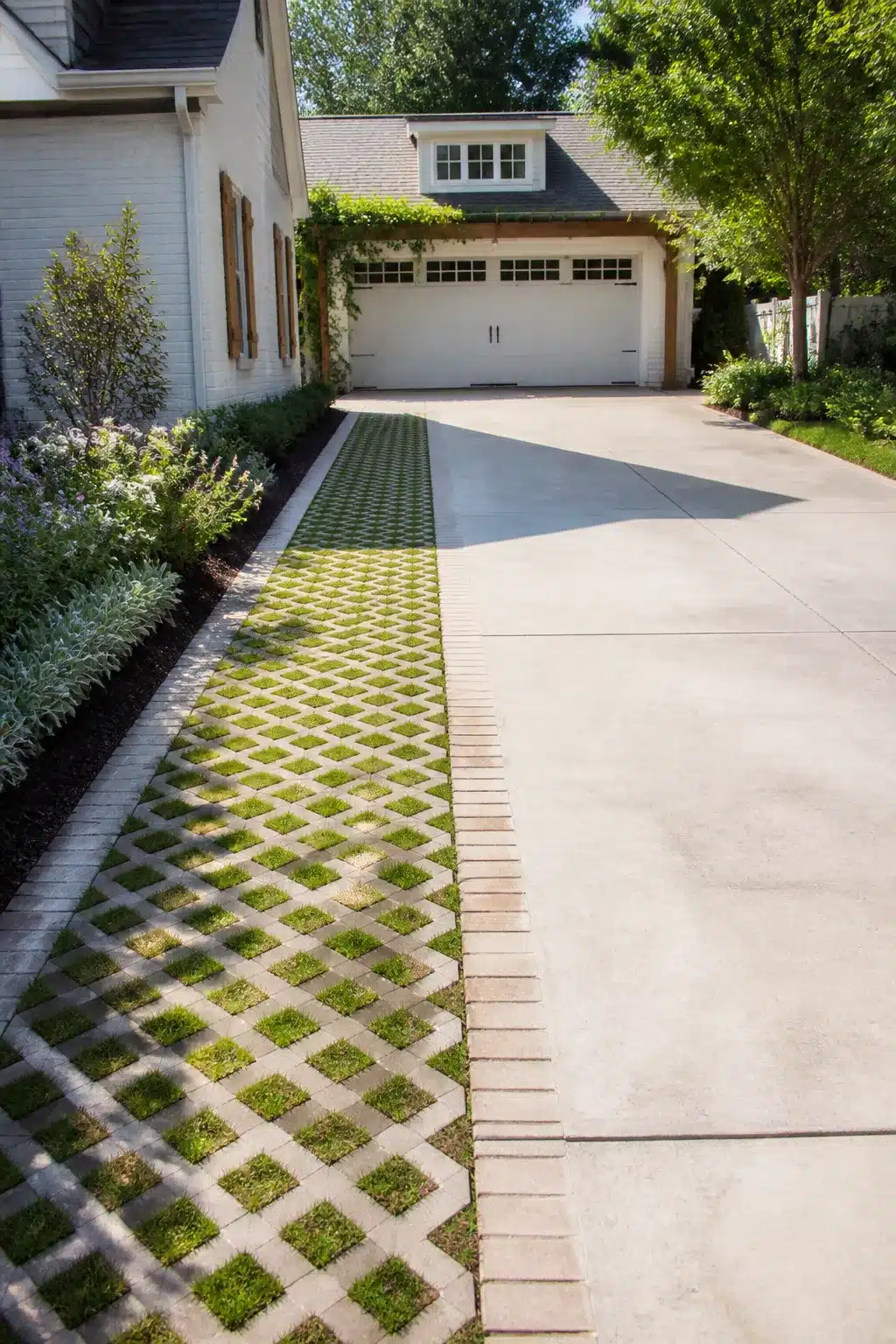 Widen driveway ideas using grass grid pavers alongside a concrete lane with a clean border strip.