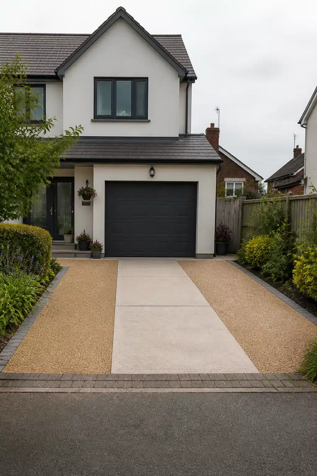 Widen driveway ideas with golden resin-bound gravel, pale center strip, and charcoal border edging on a suburban home