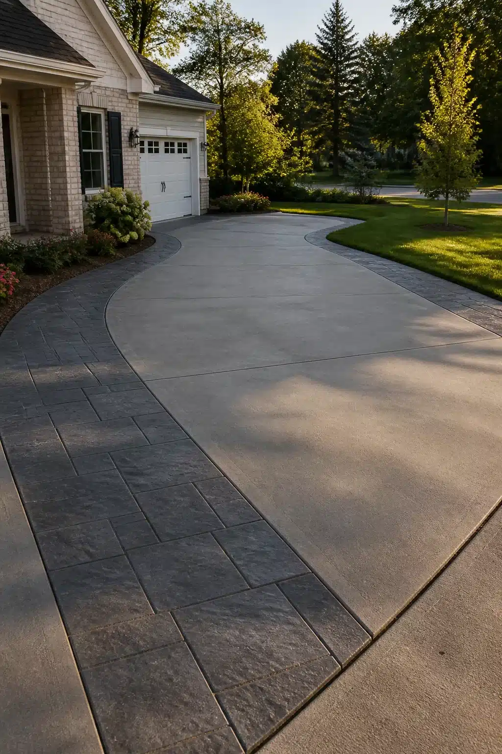 Widen driveway ideas using dark stamped concrete border panels alongside a smooth gray center lane